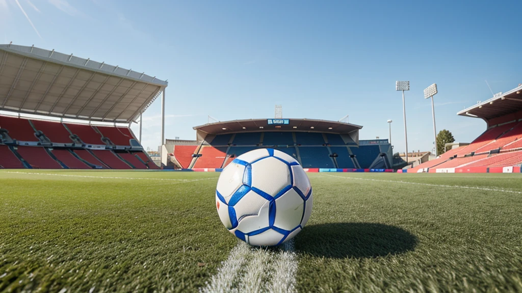 Close-up of a Euro 2024 style football on the grass, in the background the stadium grandstand with a football goal and blue sky
