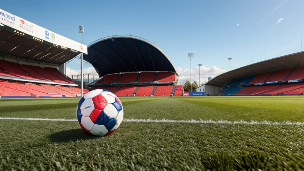 Close-up of a Euro 2024 style football on the grass, in the background the stadium grandstand with a football goal and blue sky