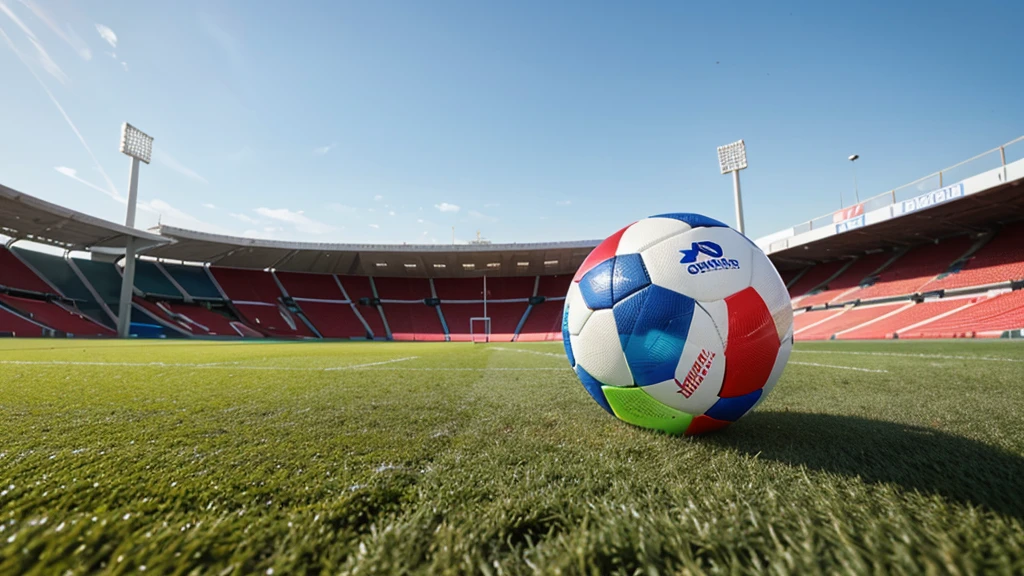 Close-up of a Euro 2024 style football on the grass, in the background the stadium grandstand with a football goal and blue sky