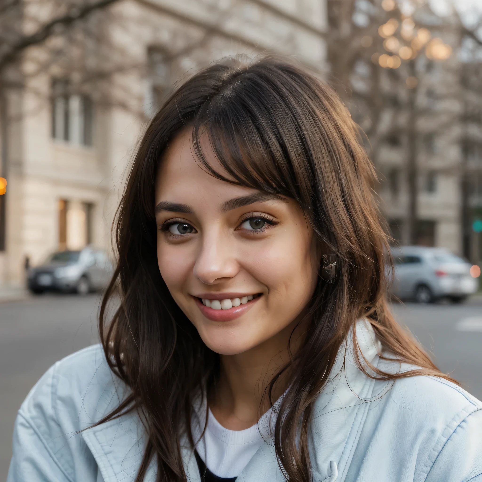 one cute women, 32YO, white, cute face, realistic light brown eyes, blue jacket, black hair, cute smile, skinny face, white realistic teethes, big eyes, long hair, no hands