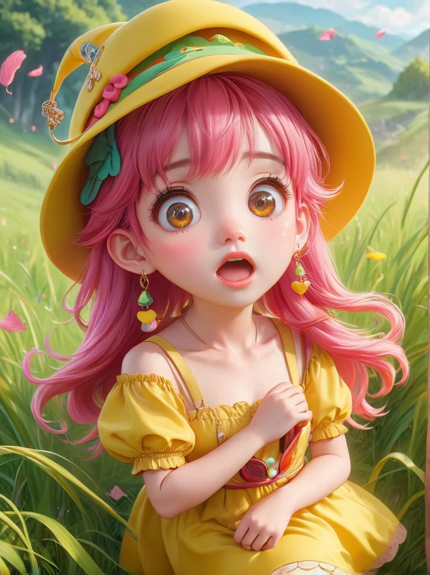 (Little)，(masterpiece, highest quality, highest quality, Official Art, beautifully、aesthetic:1.2), Cute Goddess IP,Require,Little face,Grass,Red scar, Surprised expression,Beautiful dress, Cute cartoon diagonal shoulder bag, Pink Hair, Yellow patterned wool hat, 1fkxc1
