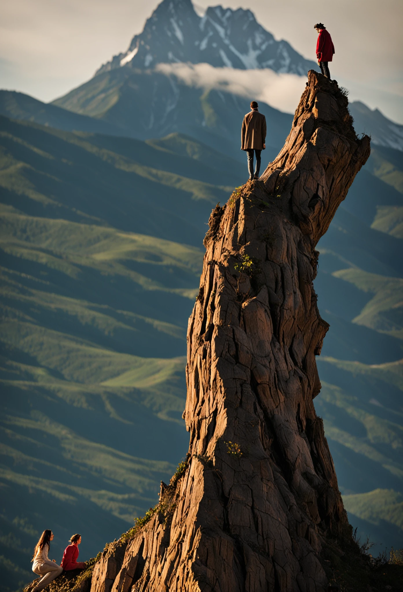 on the left side of the image there is a worried woman on a mountain with the appearance of dry and lifeless soil, a man crossing a tree trunk to get to the right side where there is a mountain with green grass and a shining star on the ground.