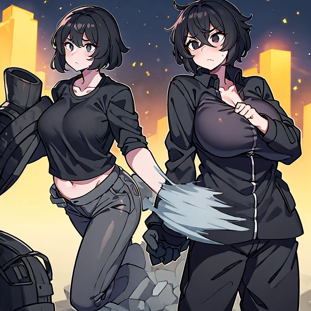 Female, big breasts, black short hair, tired eyes, messy hair, black Jacket, black pants, Wear a white t-shirt, 1 Female, cold face, at night, black eyes, normal person, stand still, 