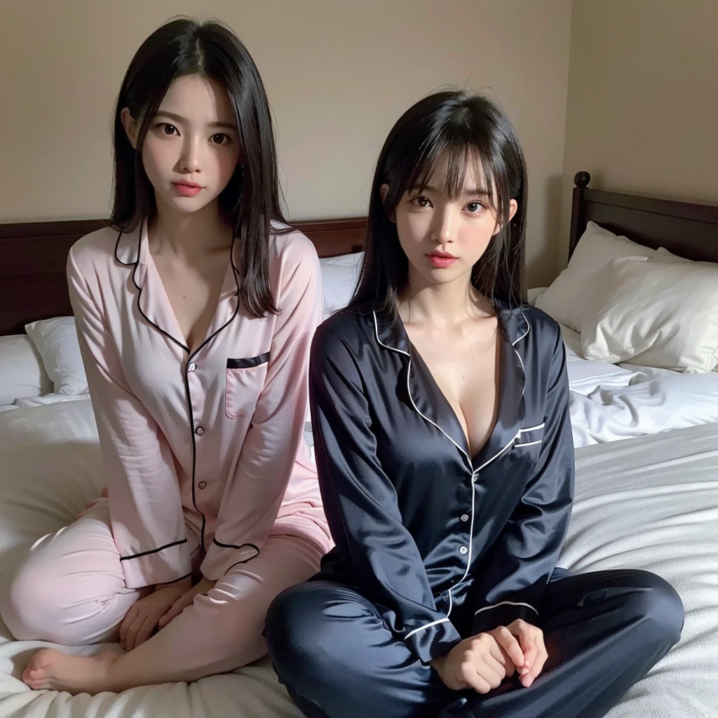 best quality, masterpiece, ultra high res, 8K, raw, (photo realistic:1.4), physically-based rendering, depth of field, looking at viewers, slender, (sitting:1.1), in the bed room, detailed beautiful face, 1 girl, cute, young, nose blush, big black eyes, open mouth, tiny breasts, black hair, detailed clothes, (pajamas:1.3), no shoes ,pureerosface_v1,