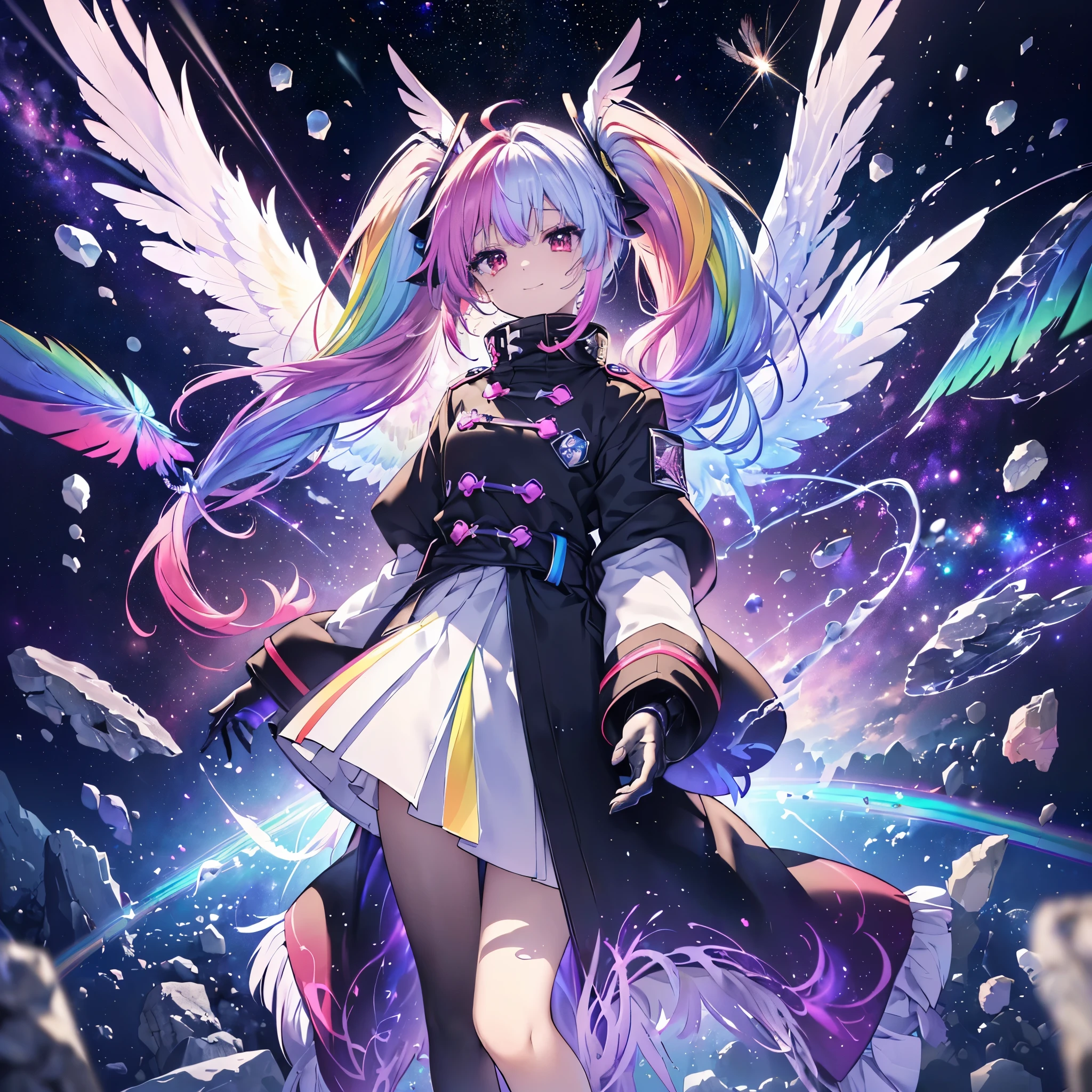 ((Archangel Fantasy Rainbow Hair Make your hair rainbow-colored on the inside Twin tails Dull red eyes Has a galaxy uniform Put on a coat without putting your arms through it Wings many times larger than mine rainbow gradient feathers Lonely Smiling Kindly front)) ((tears gloves)) (Broken glass Rolling Pebbles Distorted Space-Time star) Catch the wind milky way Shining Background Particles of light, rainbow colored edges star