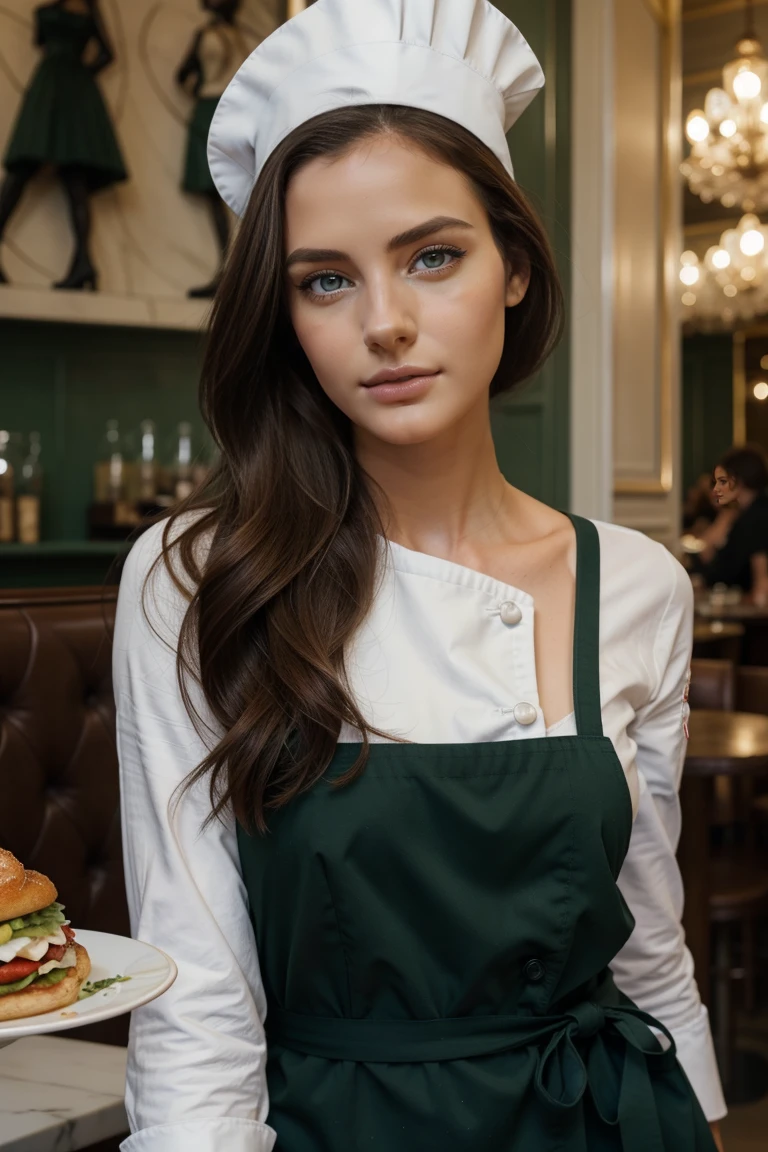 Des mannequins Instagram posent sur dans un cafe parisien , in a dark green and white dress , tout le corps, beautiful detailed eyes, beautifully detailed lips, extremely detailed eyes and face, tribunal, Belle Rose Cheveux ((Best quality)), ((Chef-d'ouvrages d'art)), (detailed), visage parfait, tout le corps, 4k, brunette, realistic,