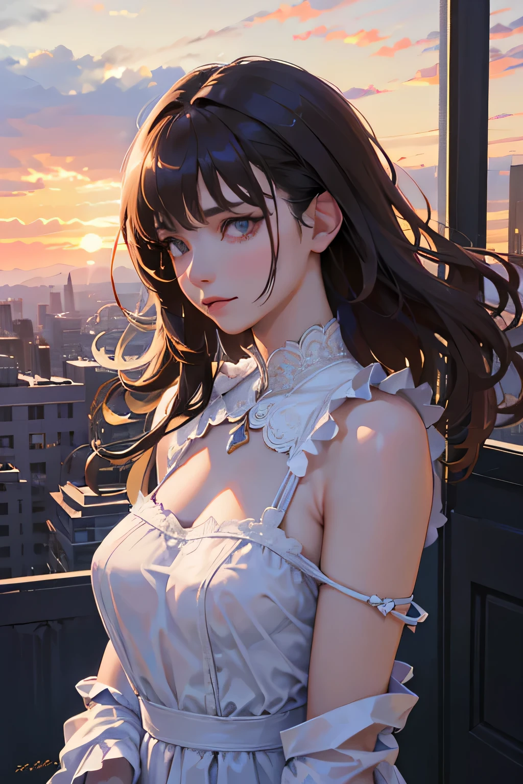 masterpiece, top quality, super detailed, high resolution, (realistic, photorealistic:1.37), excellent ???????, beautiful 1 woman, upper body, 14k, wind blowing, white camisole, sunset, skyscraper, power lines, crosswalk, sign, (sparkling eyes), (mysterious), pale brown hair, detailed hair, detailed background, light lighting, backlight, dim, clouds, front, looking at viewer, backlight, dim, noble, apartment balcony, (various angles), best light, best shadow, perfect face, highly detailed,