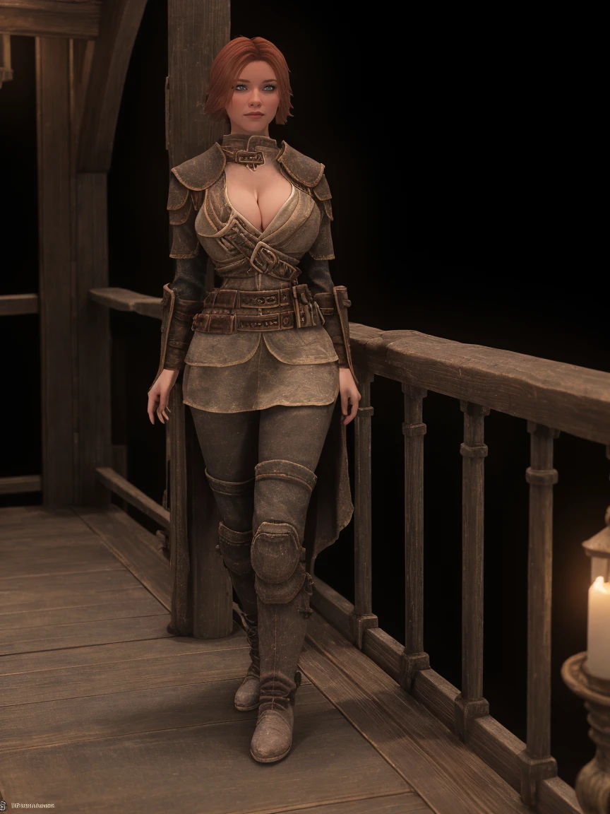 A stunning female breton stands poised on the weathered deck of a majestic ship at night in Skyrim. Her porcelain skin glows softly, illuminated by the warm light of the loghthouse. Delicate features and raven tresses frame her enigmatic smile as she gazes out to sea, the wind gently tousling her locks, (((wearing short skirt with long cloak and high boots, medium breasts, cleavage,))), short red hair, looking at the viewer