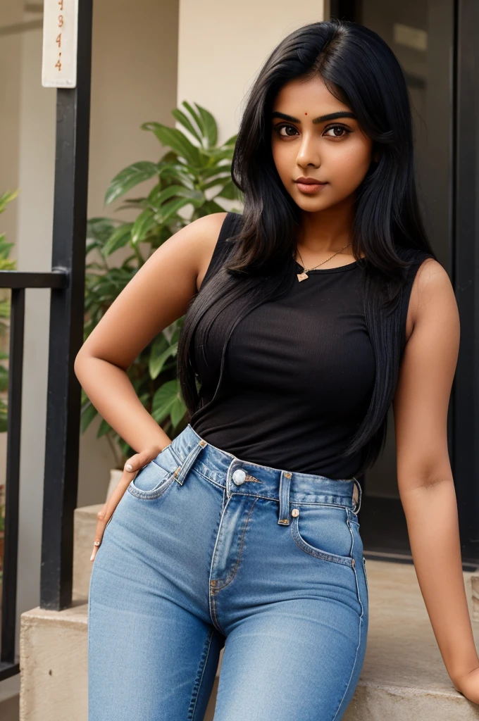 22 year old 5ft dusky indian girl with mid length black hair, big eyes, thin lips, round nose, 36,28,38 figure wearing straight cut jeans and shirt