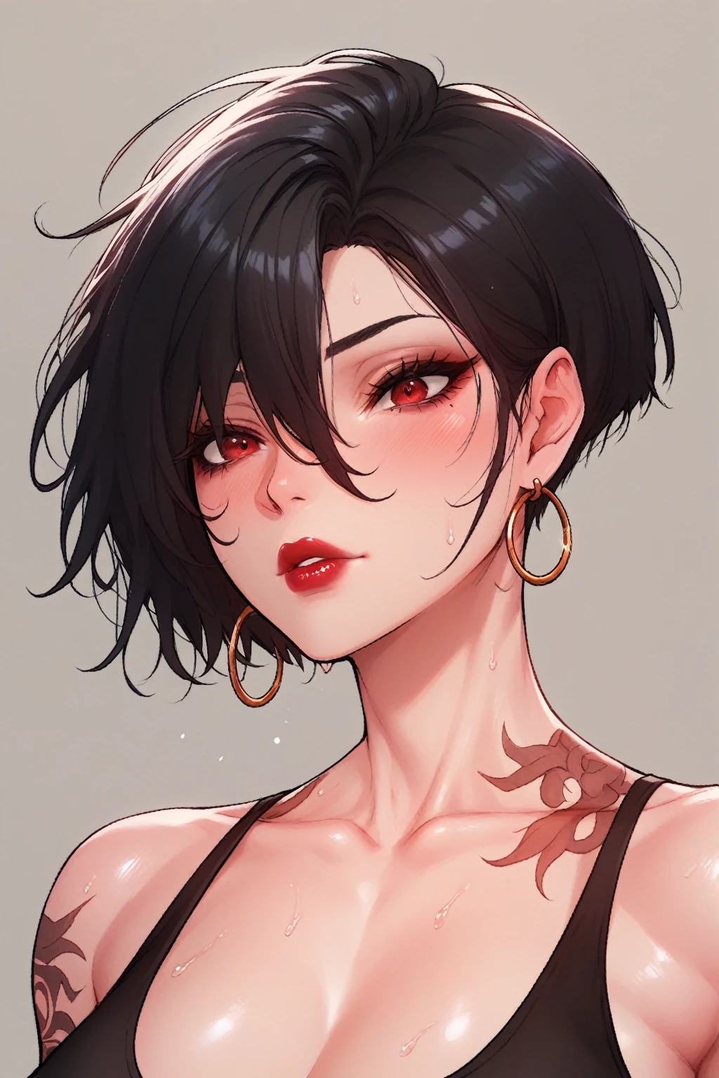Hot sexy beautiful muscular lean woman , black hair,sharp eyes,charm, golden hoops earrings , jawline ,short hair, veins in popping ,sweating ,shredded body,red eyes, glossy lipstick,body covered with tattoos,rounded tight breasts ,red designer mini black dress ,black stocking