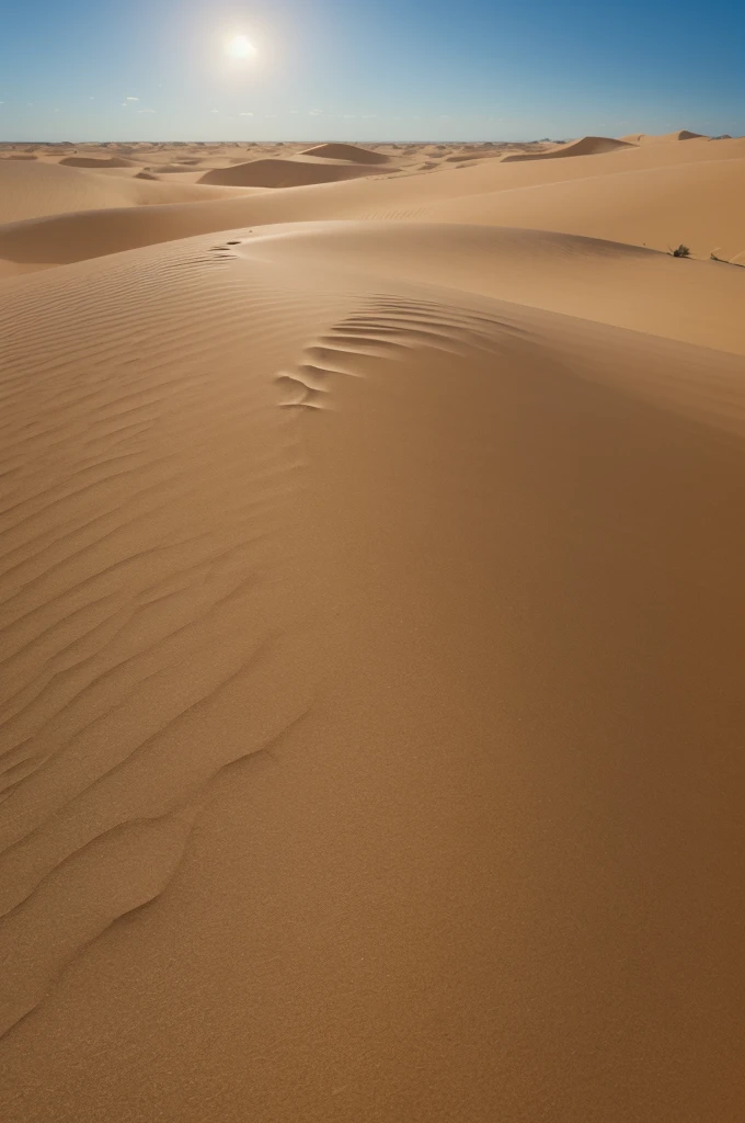 Make a scene, onde em um deserto, entre as dunas de areia, um trem a vapor trilha pelos trilhos. Em meio ao sol nascente.