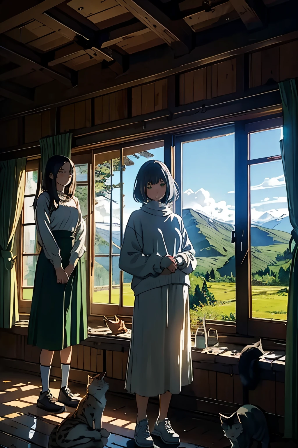 In a beautifully destroyed old castle、Peaceful creatures sleeping with the night sky、semi-realistic anime style、Slim girl with cute short bob、she is wearing a white sweater、Green standing by the window、Good style、There's a big cat at my feet、There is a Norwegian Forest Cat