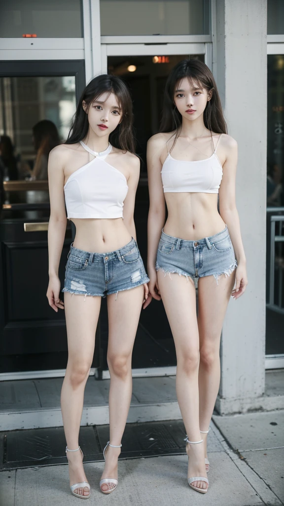 (8K、RAW photos、最high quality、masterpiece:1.5),((((The two stand:1.5)))),(((Both of them have pants that are longer than half their height..:1.2))),((Bare Legs)),((They are both very slim.)),((((These two girls look exactly like K-pop star Wonyoung:1.5)))),((Their legs are super thin.:1.2)),((Both are 173cm tall)),((They are both the same height)),((The two of them are supermodels: 1.2)),(((((Both of them took full-body photos: 1.8))))),(((You should both face forward with your entire body.:1.5))),((Low Angle:1.5)), Super slim waist: 1.2, Thin hips,open navel,完璧なSuper thin thighs: 1.2),(((They both have very slim figures..))),((Both of them are wearing transparent distressed denim micro .:1.3)),((Both are 18 years old)),(Both nipples are erect.:1.5), (((Both are extremely exposed.:1.5))),(No:1.5),(Nipple penetration:1.5),Highly detailed face and skin textures,Symmetrical face, beautiful eyes, Pretty Face,Balanced Eyes, Fair Asian skin, Ultra-realistic details, Natural shadows,(the buttocks are very small),Large, firm breasts, Extra long thighs,(Super thin thighs),(Super thin calves),((Small butt)),Super muscular body,Super tight waist,More focus on abdominal muscles,((They both have super strong abdominal muscles;1.3)),Super slim waist,((White high heels:1.3)),Lengthen your limbs,Taken from 25 cm above the ground:1.5,(((Standing on the sidewalk in front of a trendy upscale restaurant:1.5))),(Both of them wore shorts, transparent, White Mini Camisole:1.3), (((The abdomen is open:1.3))),hands on hips,Both of them face forward,Extra long arm,Thin Hands,(Black long hair),((They both stood up straight..)),(Keep your hips facing forward),Both of them are beautiful with 8 head to body ratio.,The ankles are thin,The arms are very slender,muscular,Super thin legs,muscular,Make your arms slimmer,Ultra Slender、muscular的双腿,Both of them have super long legs.,Thin mid-thigh,muscular且小腿非常纤细,Super muscles and slim thighs,Very tight waist,(Both of them have pants that are longer than half their height..Beautiful legs),The thighs are particularly thin,delicate skin,Firming skin,(((Both should fit from the top of the head to the toes of the heel..:1.5))),(((Both have))),她们俩都有Ultra Slender的肌肉腿.,((sunny afternoon:1.3)),midsummer:1.5,Glimpse of her white, Super detailed, High Detail, high quality, Awards,high resolution,((Anatomically correct)),((((((Eyes that move))))))