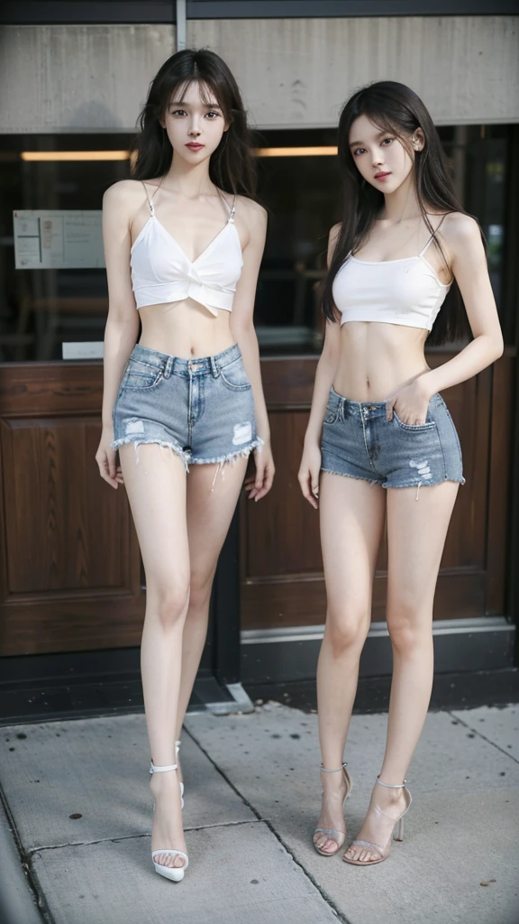 (8K、RAW photos、最high quality、masterpiece:1.5),((((The two stand:1.5)))),(((Both of them have pants that are longer than half their height..:1.2))),(( Legs)),((They are both very slim.))，((((These two girls look exactly like K-pop star Wonyoung:1.5)))),((Their legs are super thin.:1.2)),((Both are 173cm tall)),((They are both the same height)),((The two of them are supermodels: 1.2)),(((((Both of them took full-body photos: 1.8))))),(((You should both face forward with your entire body.:1.5))),((Low Angle:1.5)), Super slim waist: 1.2, Thin hips,open navel,完璧なSuper thin thighs: 1.2),(((They both have very slim figures..))),((Both of them are wearing transparent distressed denim micro .:1.3)),((Both are 18 years old)),(Both  are .:1.5), (((Both are extremely exposed.:1.5))),(No:1.5),( penetration:1.5),Highly detailed face and skin textures,Symmetrical face, beautiful eyes, Pretty Face,Balanced Eyes, Fair Asian skin, Ultra-realistic details, Natural shadows,(the  are very small),Large, firm , Extra long thighs,(Super thin thighs),(Super thin calves),((Small butt)),Super muscular body,Super tight waist,More focus on abdominal muscles，((They both have super strong abdominal muscles;1.3)),Super slim waist,((White high heels:1.3)),Lengthen your limbs,Taken from 25 cm above the ground:1.5,(((Standing on the sidewalk in front of a trendy upscale restaurant:1.5))),(Both of them wore shorts, transparent, White Mini Camisole:1.3), (((The abdomen is open:1.3))),hands on hips,Both of them face forward，Extra long arm,Thin Hands,(Black long hair),((They both stood up straight..)),(Keep your  facing forward),Both of them are beautiful with 8 head to body ratio.,The ankles are thin,The arms are very slender，muscular,Super thin legs，muscular,Make your arms slimmer,Ultra Slender、muscular的双腿,Both of them have super long legs.,Thin mid-thigh,muscular且小腿非常纤细,Super muscles and slim thighs,Very tight waist,(Both of them have pants that are longer than half their height..Beautiful legs),The thighs are particularly thin,delicate skin,Firming skin,(((Both should fit from the top of the head to the toes of the heel..:1.5))),(((Both have))),她们俩都有Ultra Slender的肌肉腿.,((sunny afternoon:1.3)),midsummer:1.5,Glimpse of her white, Super detailed, High Detail, high quality, Awards,high resolution,((Anatomically correct)),((((((Eyes that move))))))