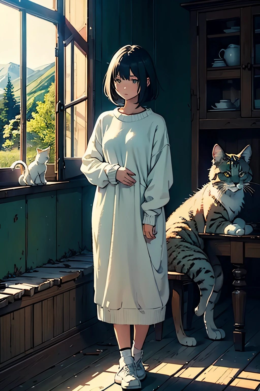 In a beautifully destroyed old castle、Peaceful creatures sleeping with the night sky、semi-realistic anime style、Slim girl with cute short bob、she is wearing a white sweater、Green standing by the window、Good style、There's a big cat at my feet、There is a Norwegian Forest Cat