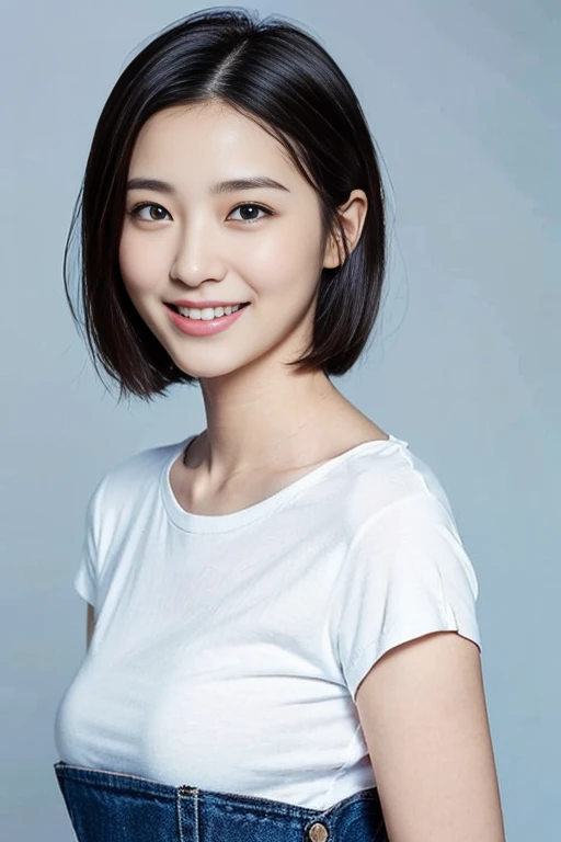 ((Photo for ID、Face only))、(Uniform jacket、Detailed bra、Black Hair、True Face)、Cute Japanese Woman、、Young girl、Light Blue Background、Turn your body forward、smile、blank space above head