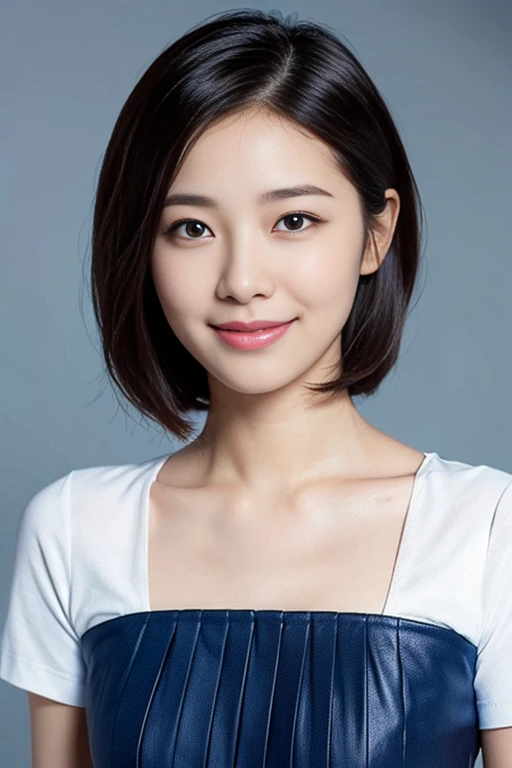 a gorgeous lady, age 22, white T-shirt and grey pleated dress, dimpled smile, short bob hair, in a natural pose, photorealistic, beautiful detailed eyes, ample round bosom, hyper-realism, high contrast, ultra HD, realistic skin textures, top image quality, top-quality, super high resolution, fine details, very meticulously, simple sky-blue background