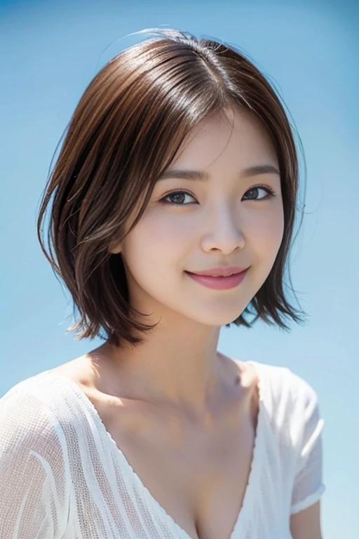 a gorgeous lady, age 22, white T-shirt and grey pleated dress, dimpled smile, short bob hair, in a natural pose, photorealistic, beautiful detailed eyes, ample round bosom, hyper-realism, high contrast, ultra HD, realistic skin textures, top image quality, top-quality, super high resolution, fine details, very meticulously, simple sky-blue background