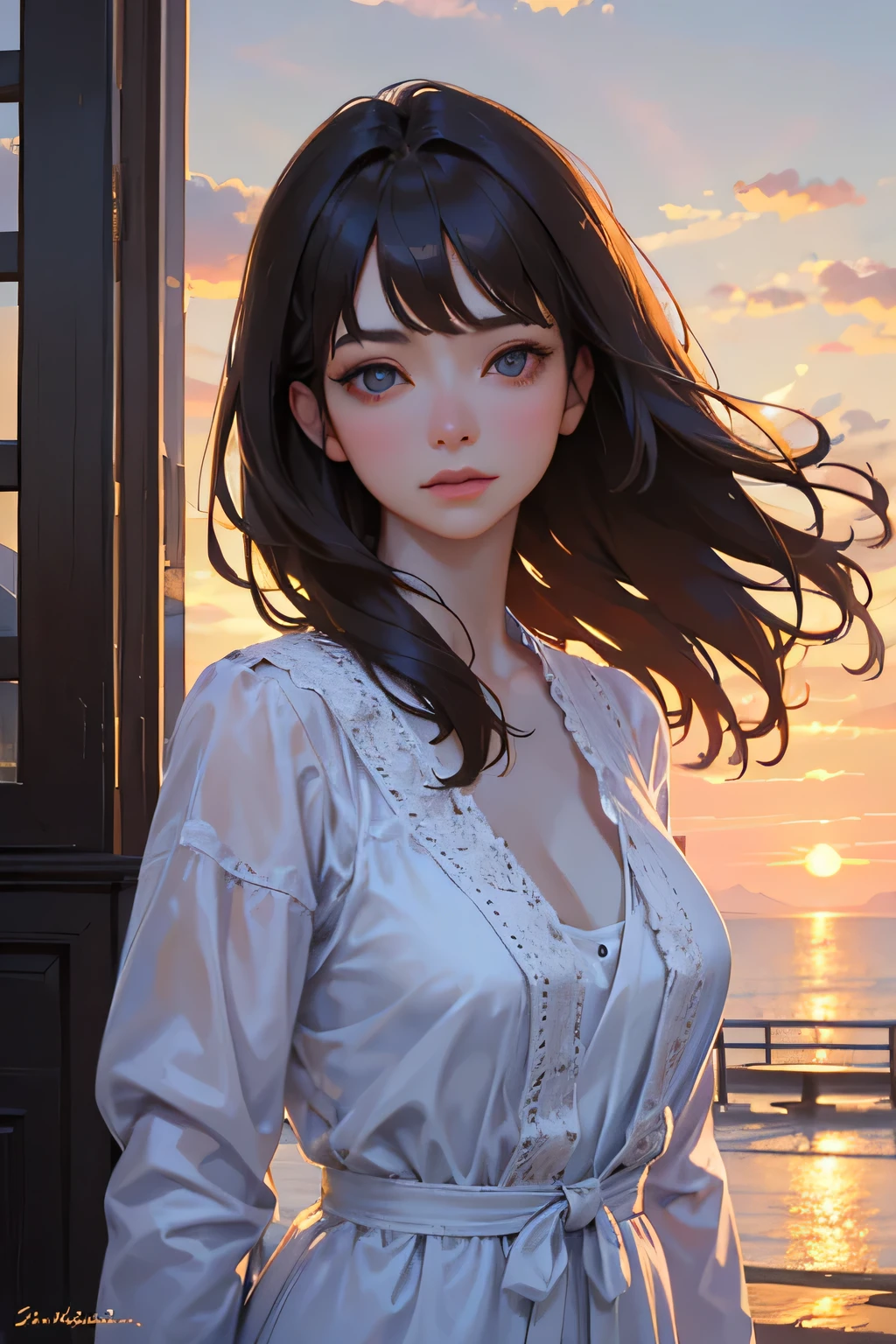 masterpiece, top quality, super detailed, high resolution, (realistic, photorealistic:1.37), excellent anatomy, beautiful 1 woman, upper body, 14k, wind blowing, white camisole, sunset, skyscraper, power lines, crosswalk, sign, (sparkling eyes), (mysterious), pale brown hair, detailed hair, detailed background, light lighting, backlight, dim, clouds, front, looking at viewer, backlight, dim, noble, apartment balcony, (various angles), best light, best shadow, perfect face, highly detailed,