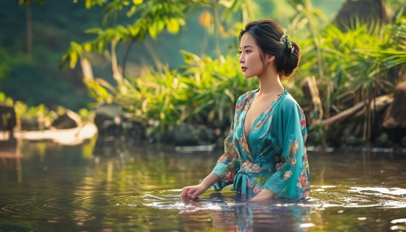 (best quality,4k,highres,masterpiece:1.2),ultra-detailed,(realistic,photorealistic,photo-realistic:1.37), HDR, UHD, (5 girl) An (extremely beautiful Vietnamese woman age: 18, hourglass figure, blessed proportions, dressed appropriate for the setting) is relaxing in a hot spring with her lady friends(they are helping scrub one another and playfully flirting), she is near an rural Vietnamese village with many other women nearby. (Show her entire body, show her from head to toe, full body shot)