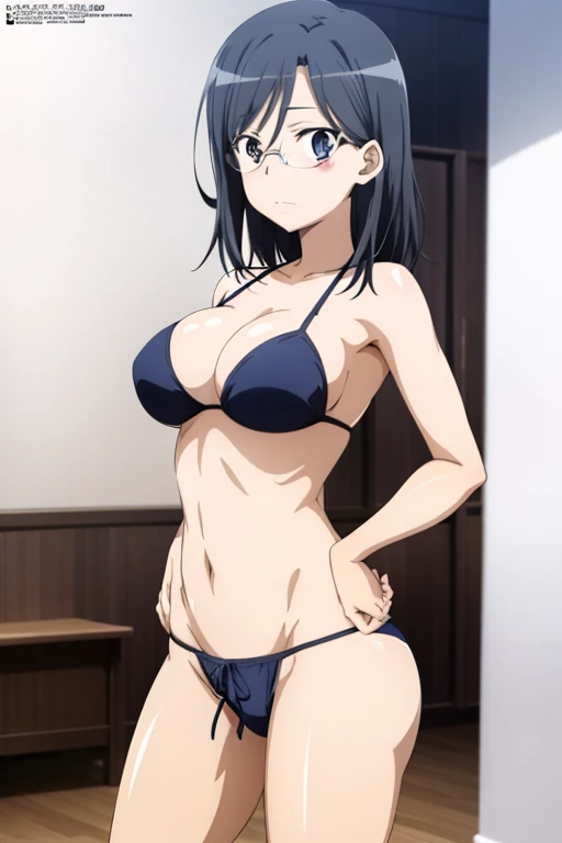 anime cels style, megami magazine, poster style, best quality, high resolution, sharp image, 8k, photorealistic, Konori Mii, glasses, black medium hair, large breasts, blue bikini, cowboy shot,