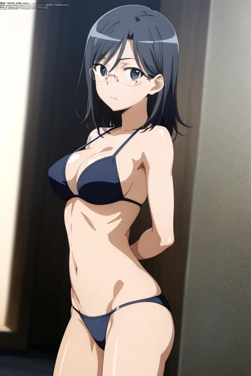 anime cels style, megami magazine, poster style, best quality, high resolution, sharp image, 8k, photorealistic, Konori Mii, glasses, black medium hair, large breasts, blue bikini, cowboy shot,