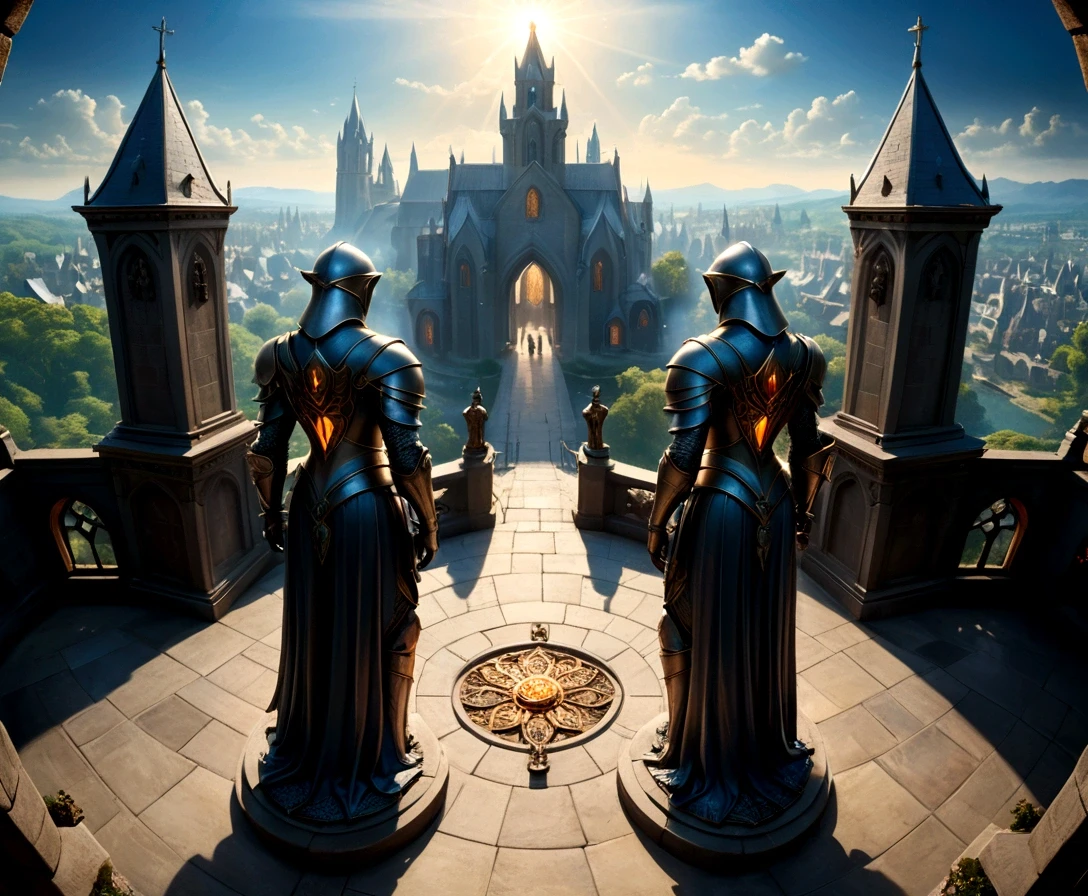 a view of fantasy medieval city, taken from the top of church of , at night, the shot taken while standing behind the statue of a gargoyle on the roof, 16K, ultra detailed, masterpiece, best quality, (extremely detailed), arafed, dnd art,  god rays, cinematic lighting, glowing light, silhouette, from outside, photorealism, panoramic view (Masterpiece, intense details: 1.5) , Wide-Angle, Ultra-Wide Angle, 