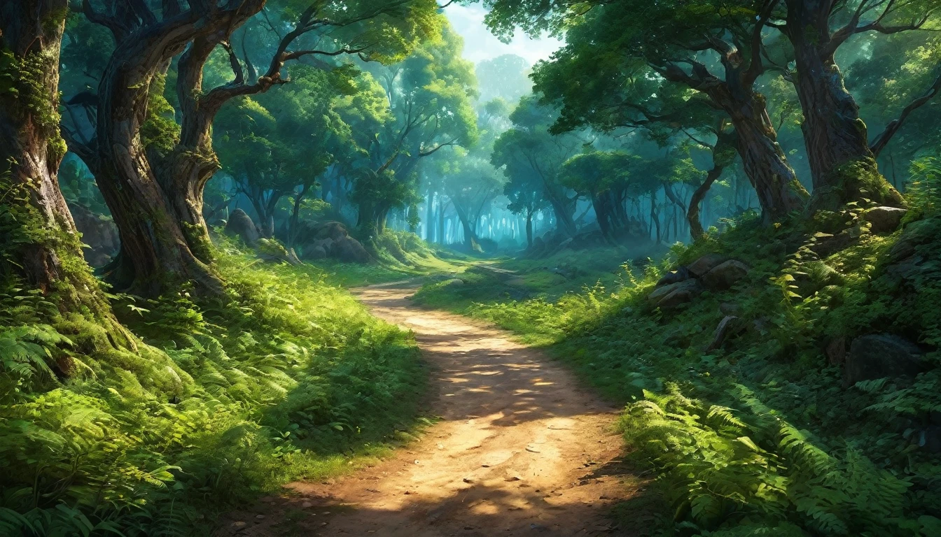 (anime, fantasy), (best quality, high resolution, depth of filed, HDR:1.2), (A majestic dirt road lead to a forest, forest entrance, large bushes, small boulders scattered, mysterious, dark hue), fantastical landscapes, vibrant colors, majestic, dark enchanted, dangerous atmosphere, magical atmosphere, beautiful, extremely detailed, intricate, delicate, serene fantasy, light filtering through the trees, bokeh, cinematic lighting, 8k, high quality