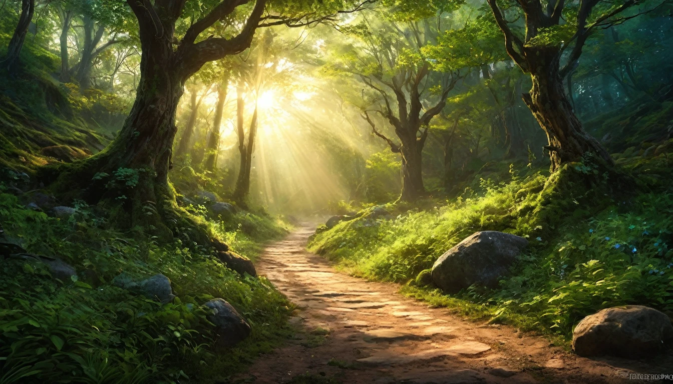 (anime, fantasy), (best quality, high resolution, depth of filed, HDR:1.2), (A majestic dirt road lead to a forest, forest entrance, large bushes, small boulders scattered, mysterious, dark hue), fantastical landscapes, vibrant colors, majestic, dark enchanted, dangerous atmosphere, magical atmosphere, beautiful, extremely detailed, intricate, delicate, serene fantasy, light filtering through the trees, bokeh, cinematic lighting, 8k, high quality