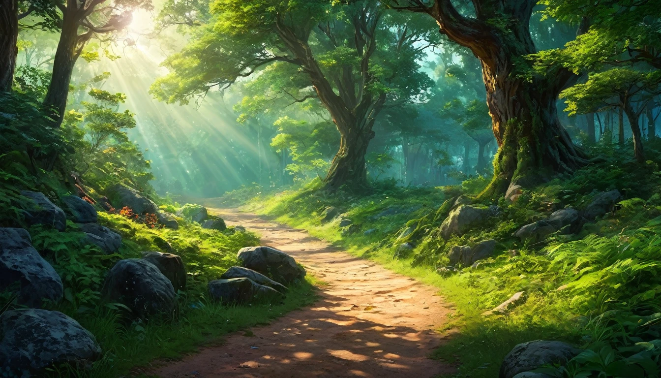 (anime, fantasy), (best quality, high resolution, depth of filed, HDR:1.2), (A majestic dirt road lead to a forest, forest entrance, large bushes, small boulders scattered, mysterious, dark hue), fantastical landscapes, vibrant colors, majestic, dark enchanted, dangerous atmosphere, magical atmosphere, beautiful, extremely detailed, intricate, delicate, serene fantasy, light filtering through the trees, bokeh, cinematic lighting, 8k, high quality