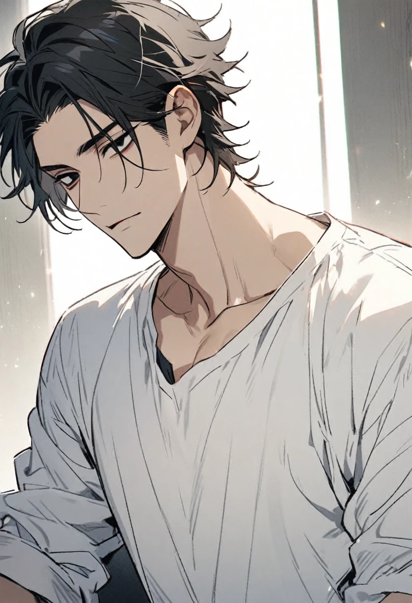 Man, handsome, black short hair, black eye color, white shirt, 