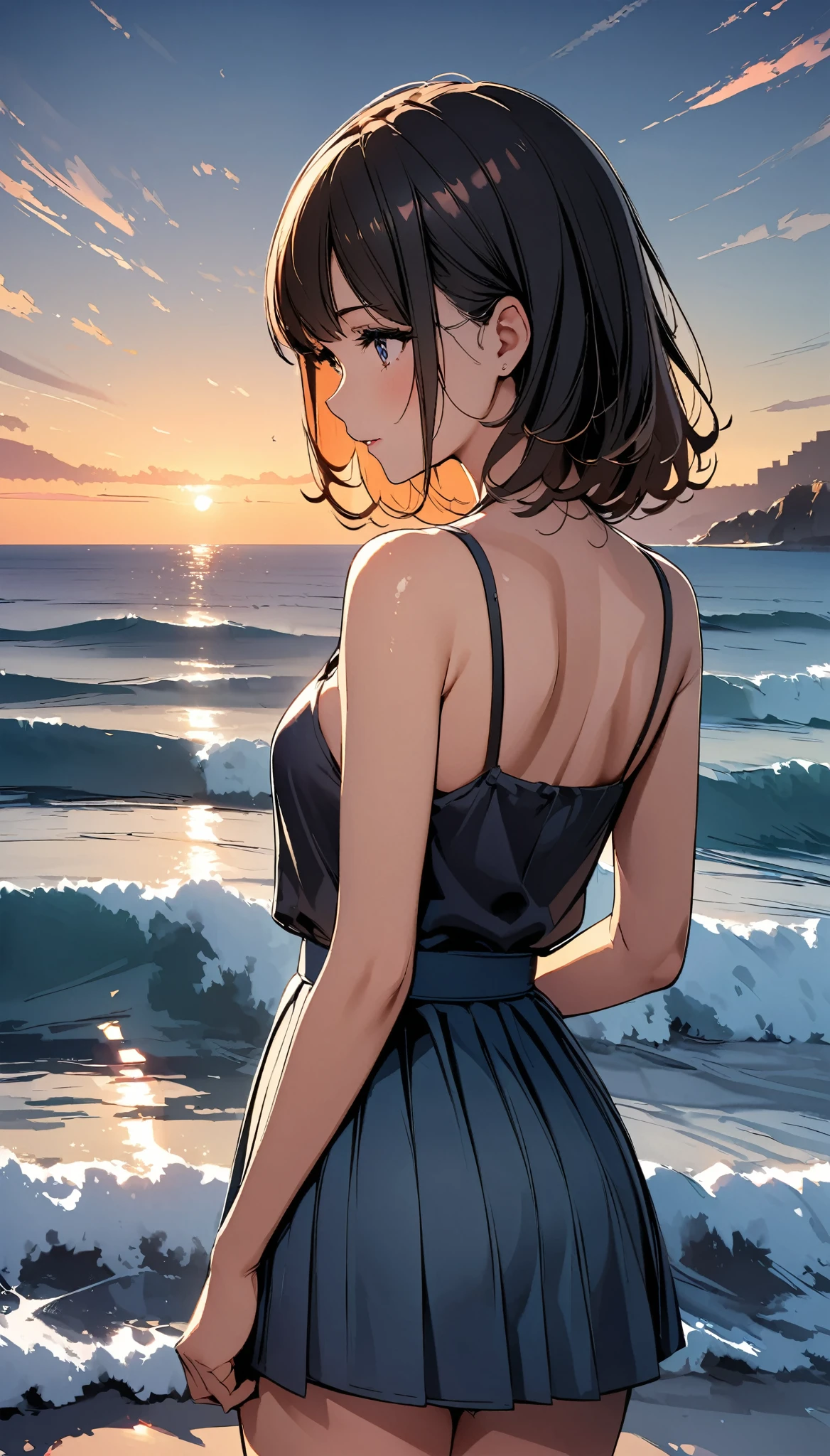 A woman who loves summer。Watching the sun set on the horizon、Back view。A 2D illustration-like, gentle atmosphere。The expression is delicate and beautiful、Hot Contemporary Art。masterpiece:1.2