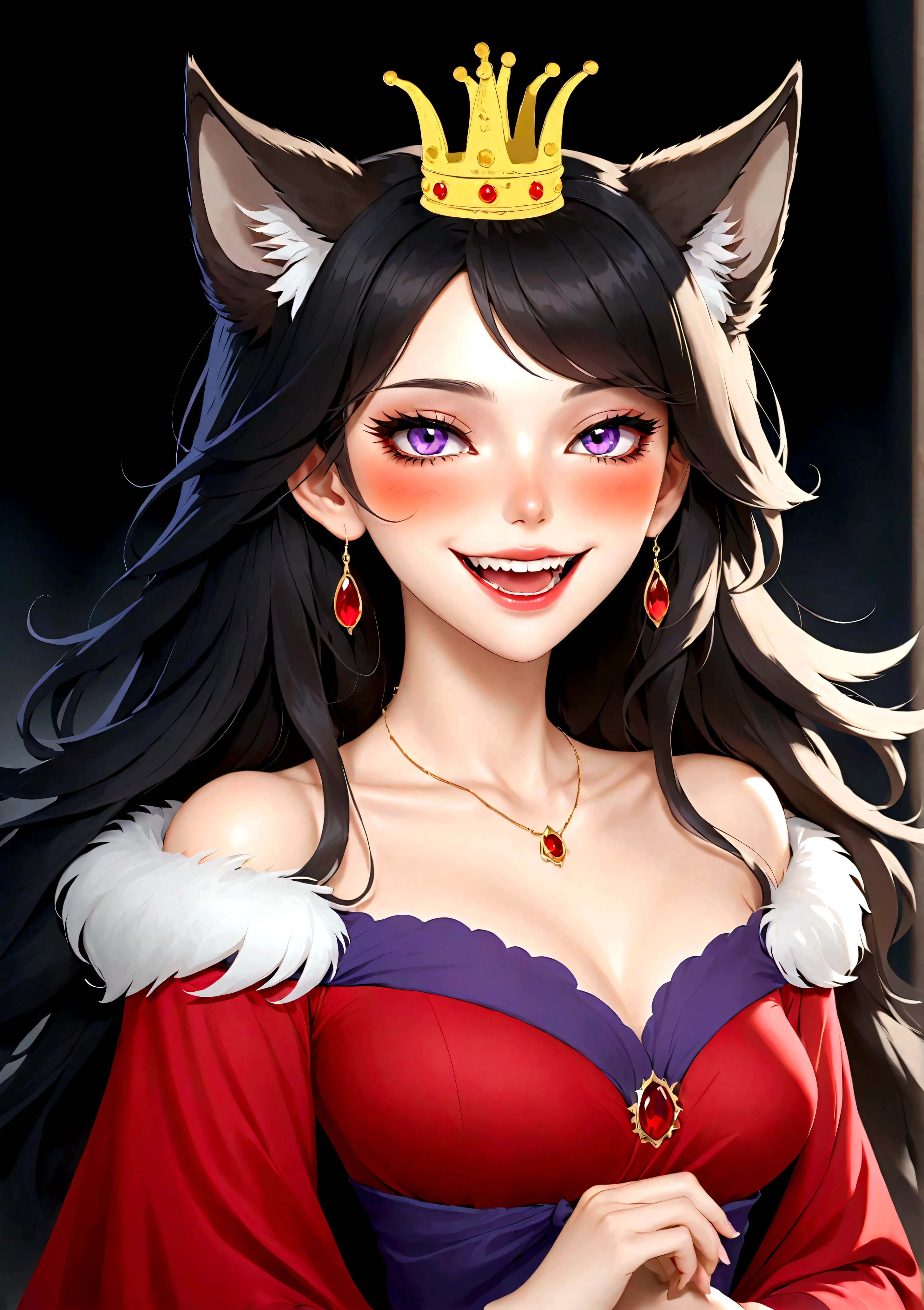 beautiful girl，(((She has a beauty spot:1.37)))，Purple Eyes，Delicate lashes，laughing out loud，Fangs，Smooth skin，Long black hair，Wolf ears， Small Crown，Red dress with fur collaerce gray wolf background。Correct human anatomy