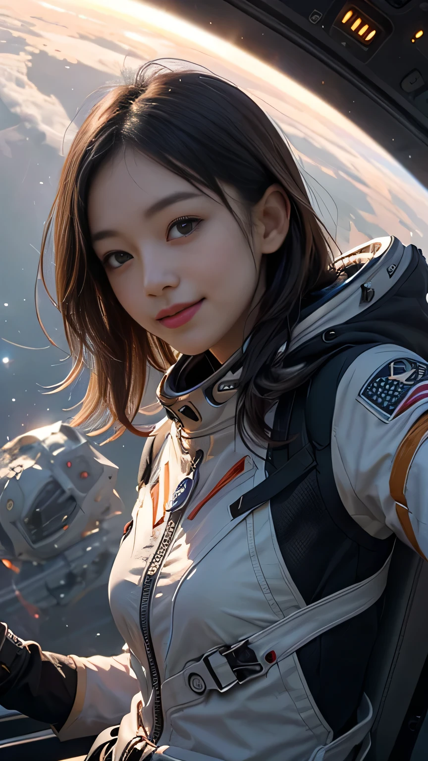 xxmixgirl,One girl, Fisheye Lens, Selfie, Wind, Messy Hair, sunset,smile,Film Girl, Generates a vivid and captivating scene featuring a girl with flowing hair, Orange space suitを着て喜びを放つ. Imagine her in a spaceship of the future., capturing a moment of pure enthusiasm as she takes a Selfie. The grey planet Mercury and the giant Sun are visible in the background. The interior of the spaceship is sleek and modern., adorned with high-tech elements and large Windows that offer breathtaking view of planet mercury from space in vast expanse of space galaxy, A girl&#39;s heartfelt smile、It reflects her excitement as she embarks on her journey to Mercury.。, Showcasing the adventurous spirit of space exploration, Orange space suit. A big burning sun stands behind the showcase