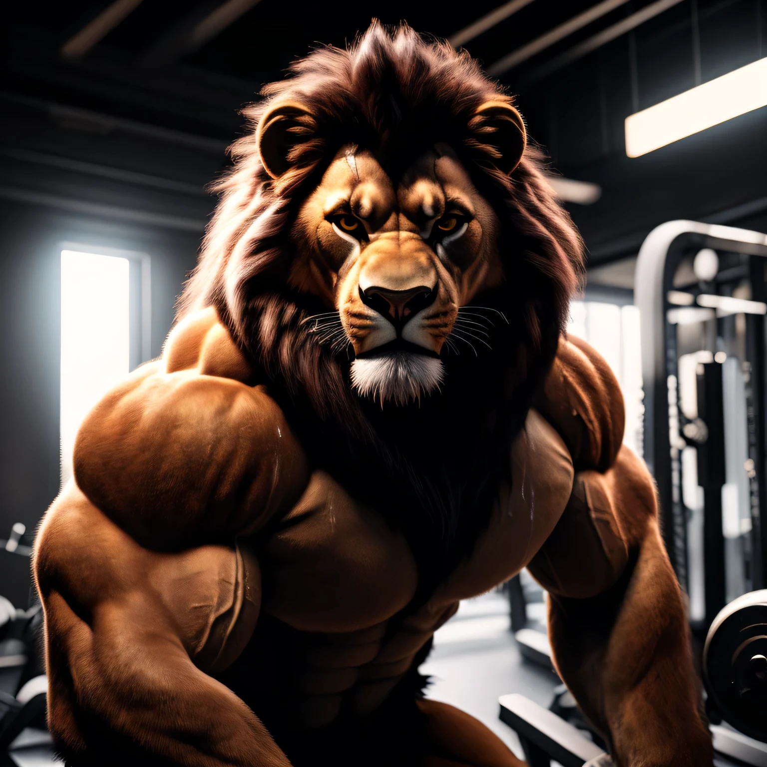 a muscular, sweating, heavy breathing man in a gym, wearing a lion furry costume, (best quality,4k,8k,highres,masterpiece:1.2),ultra-detailed,(realistic,photorealistic,photo-realistic:1.37),extremely detailed muscles, detailed sweat, extremely detailed face, detailed lion furry costume, dramatic lighting, high contrast, cinematic composition