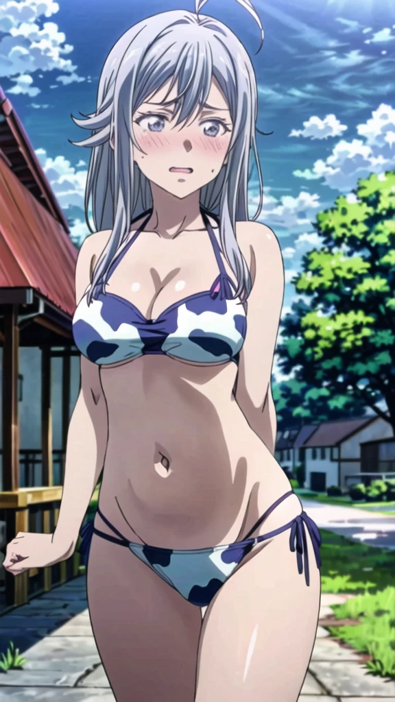 (masterpiece, 4K, highest quality, anime style: 1.9, Detailed face, Lovely,Bold Line, High resolution, anime, alone, Curvaceous, Thighs, Cleavage, Center of chest, Very slim belly, Cowboy Shot, ,Cow print bikini,1 girl、Vladimir Namiriz,first round,Embarrassed face,blush,Town,Accurate limbs,Outdoor,noon