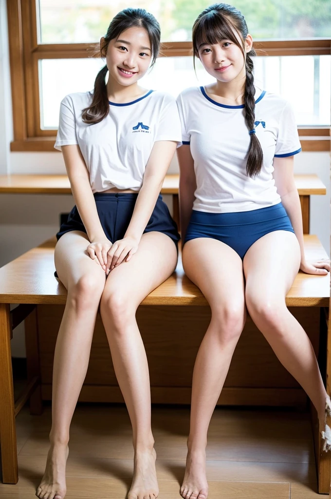 2 girls on desk in wooden school classroom,white plain t-shirt with navy blue trim,navy blue speedo briefs,18-year-old,bangs,a little smile,large bare thighs,knees,legs apart,short hair with low pigtails,from before,front light