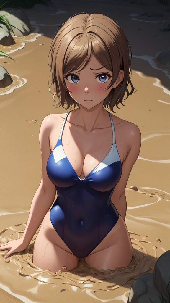 (Masterpiece), 8k wallpaper, solo, Watanabe you, one-piece swimsuit, v-neck, low cut at hips, worried, upset, (quicksand:1.2)