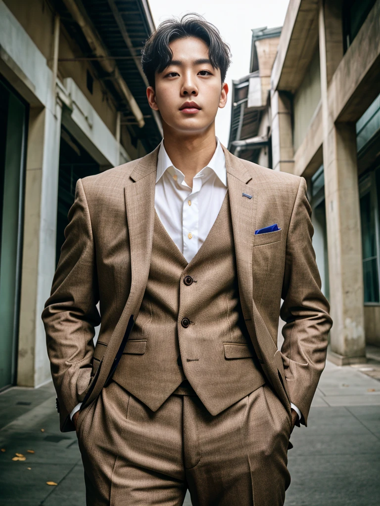 Realistic​ photography​ of a​​​ ​ korean guy​ ​, 29 ages​​​ , wearing​ a​ suit​​​,​ tan​ skin, at​​ old​s​ building 