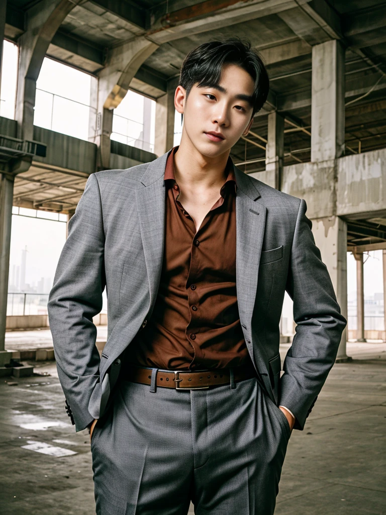 Realistic​ photography​ of a​​​ ​ korean guy​ ​, 29 ages​​​ , wearing​ a​ suit​​​,​ tan​ skin, at​​ old​s​ building 