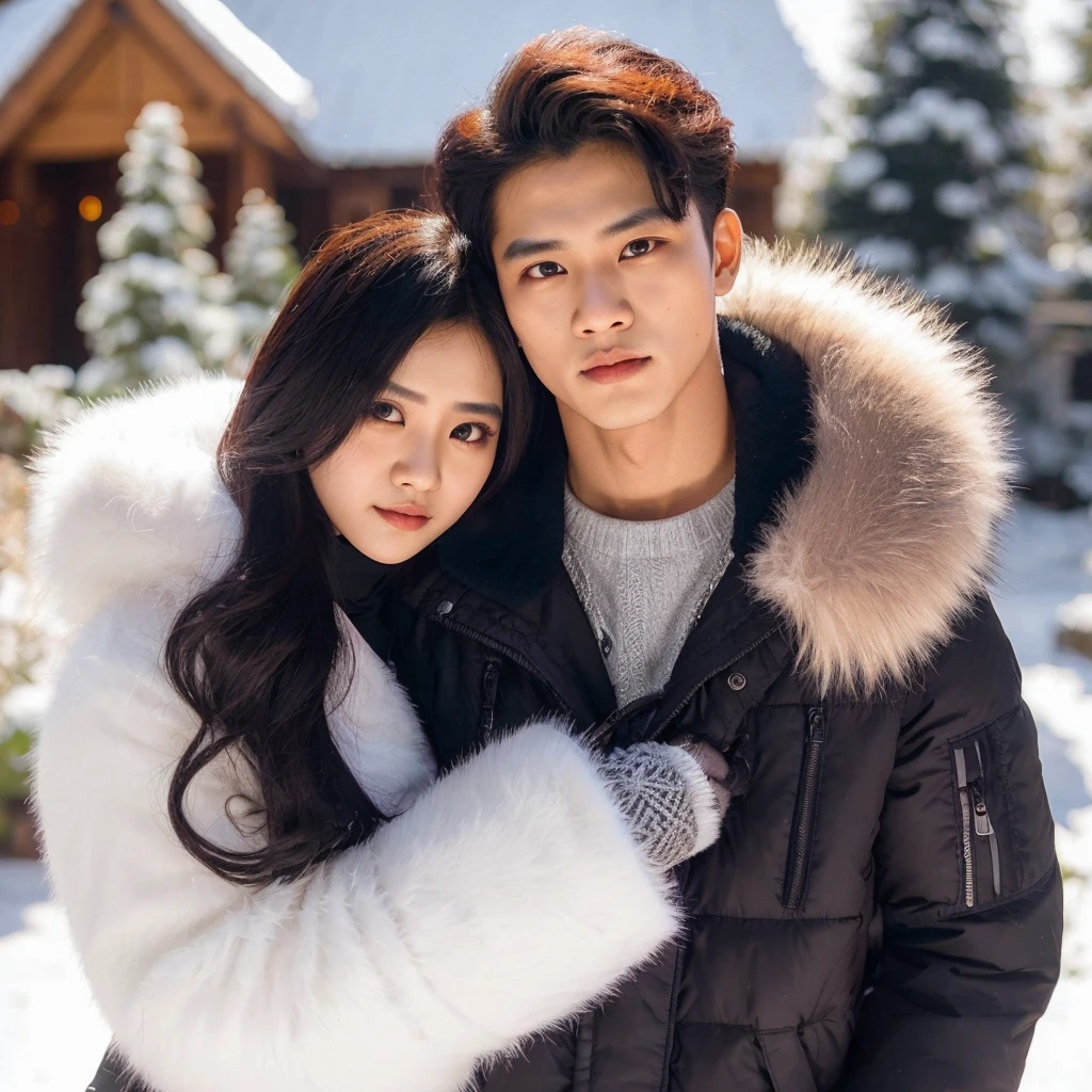 Seoasang kekasih romantis seorang lelaki tampan berambut hitam pakai pakaian jaket tebal berbulu, di sampingnya ada pacarnya wanita cantik berambut hitam sedang memeluk lelaki tersebut