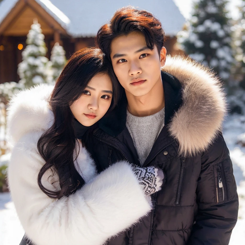Seoasang kekasih romantis seorang lelaki tampan berambut hitam pakai pakaian jaket tebal berbulu, di sampingnya ada pacarnya wanita cantik berambut hitam sedang memeluk lelaki tersebut