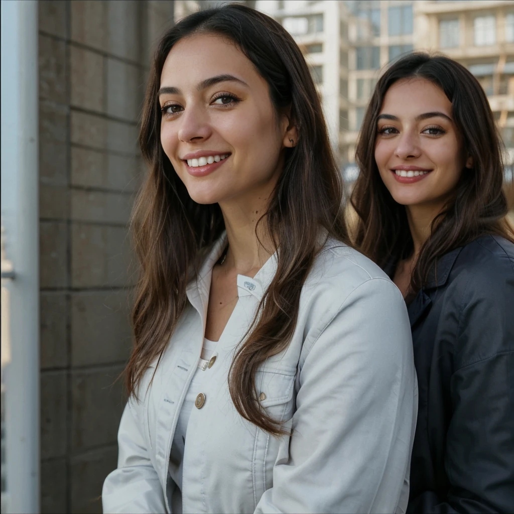 one cute women, 32YO, white, cute face, realistic light brown eyes, blue jacket, black hair, cute smile, skinny face, white realistic teethes, big eyes, long hair, no hands, Kia sivia 1996 in the background