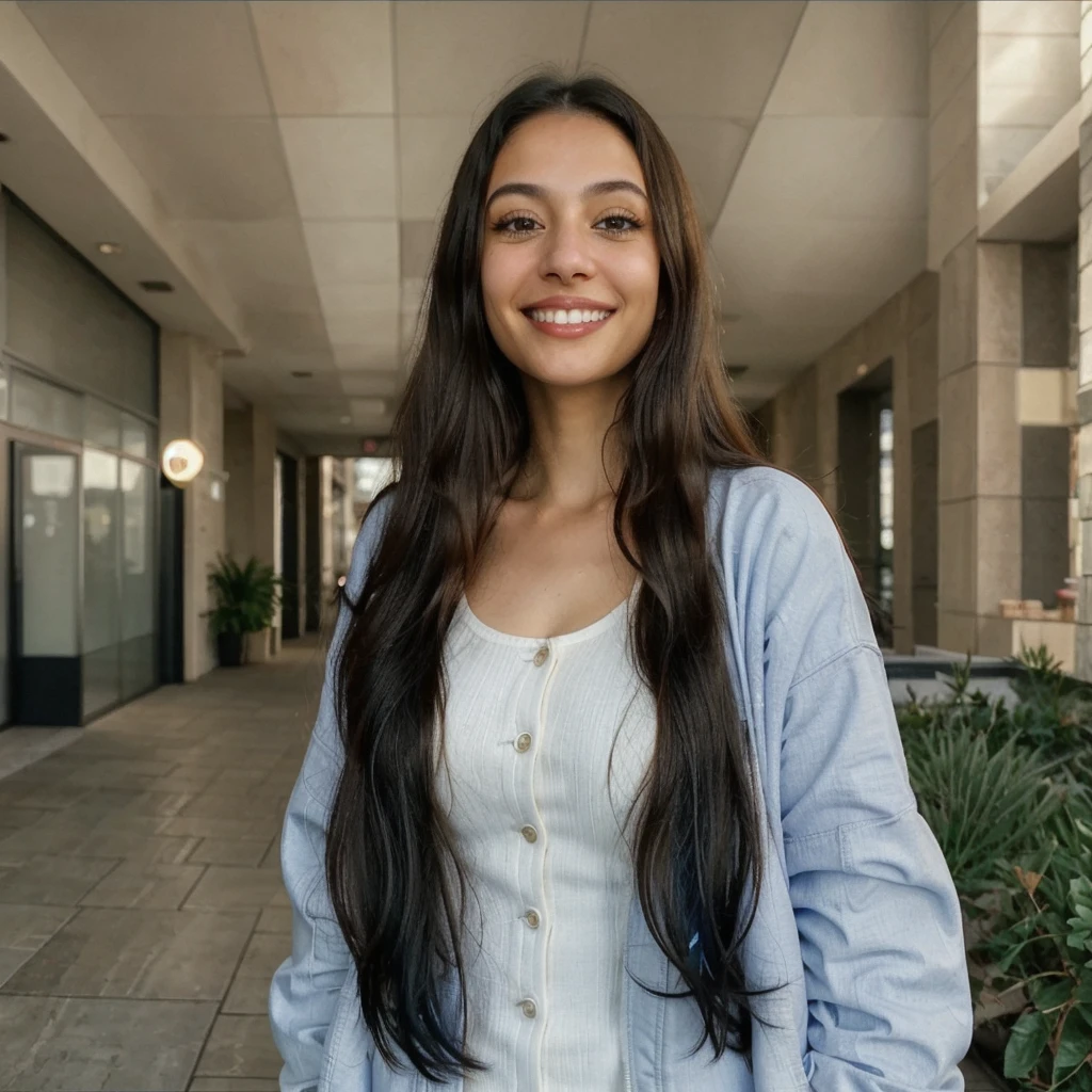 one cute women, 32YO, white, cute face, realistic light brown eyes, blue jacket, black hair, cute smile, skinny face, white realistic teethes, big eyes, long hair, no hands, Kia sivia 1996 in the background
