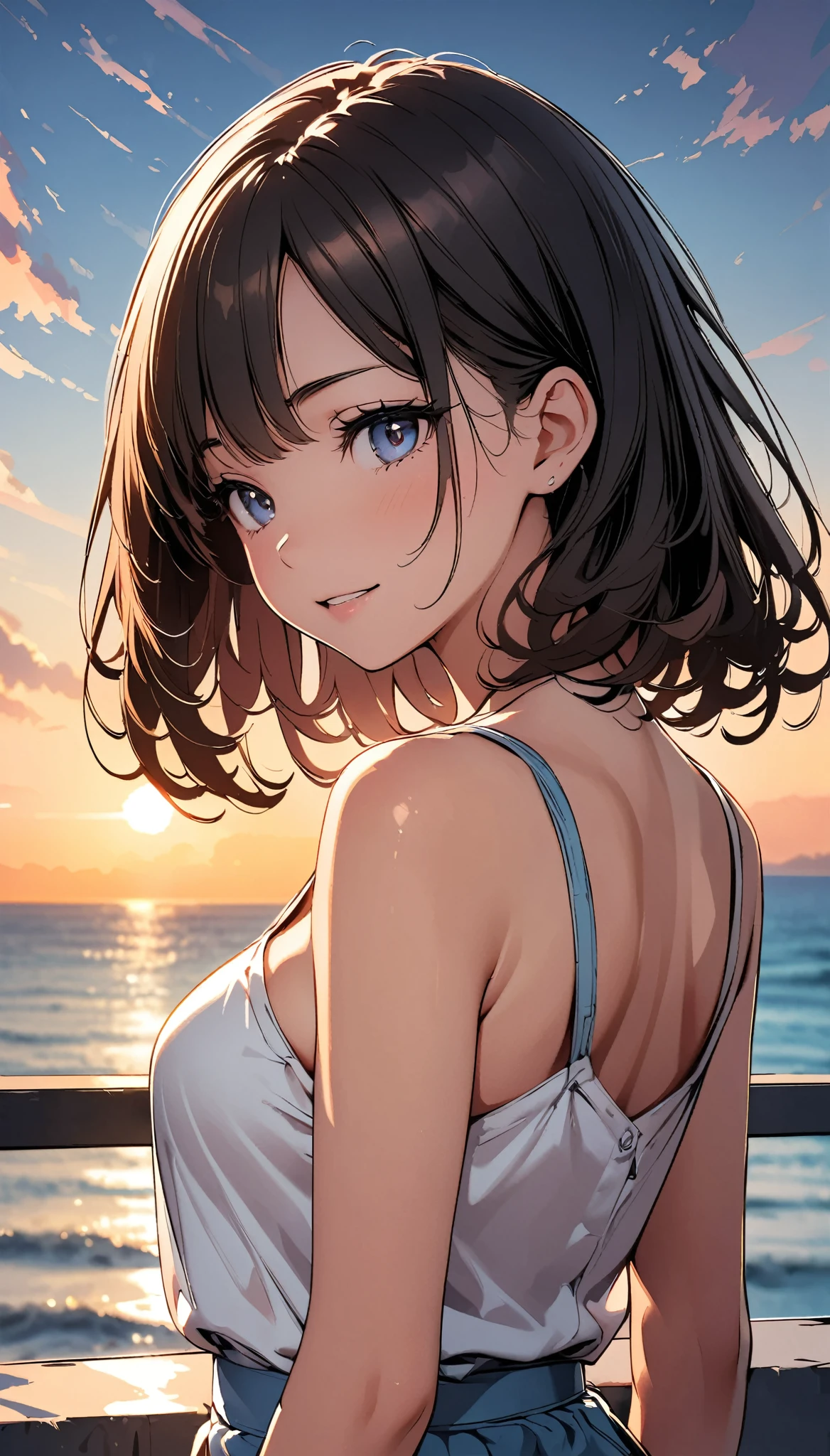 very cute and beautiful girl,(highly detailed beautiful face and eyes),light blue camisole,cute ruffle petticoat, dynamic pose,(smile),happy,looking at viewer,black hair,beach,tropical resort, (best quality,masterpiece),absurdres,highres,ultra-detailed,extremely detailed,32k,8k resolution, intricate details,cinematic scene,detailed background,solo,dynamic angle, natural lighting,beautiful detailed sky,(realistic),