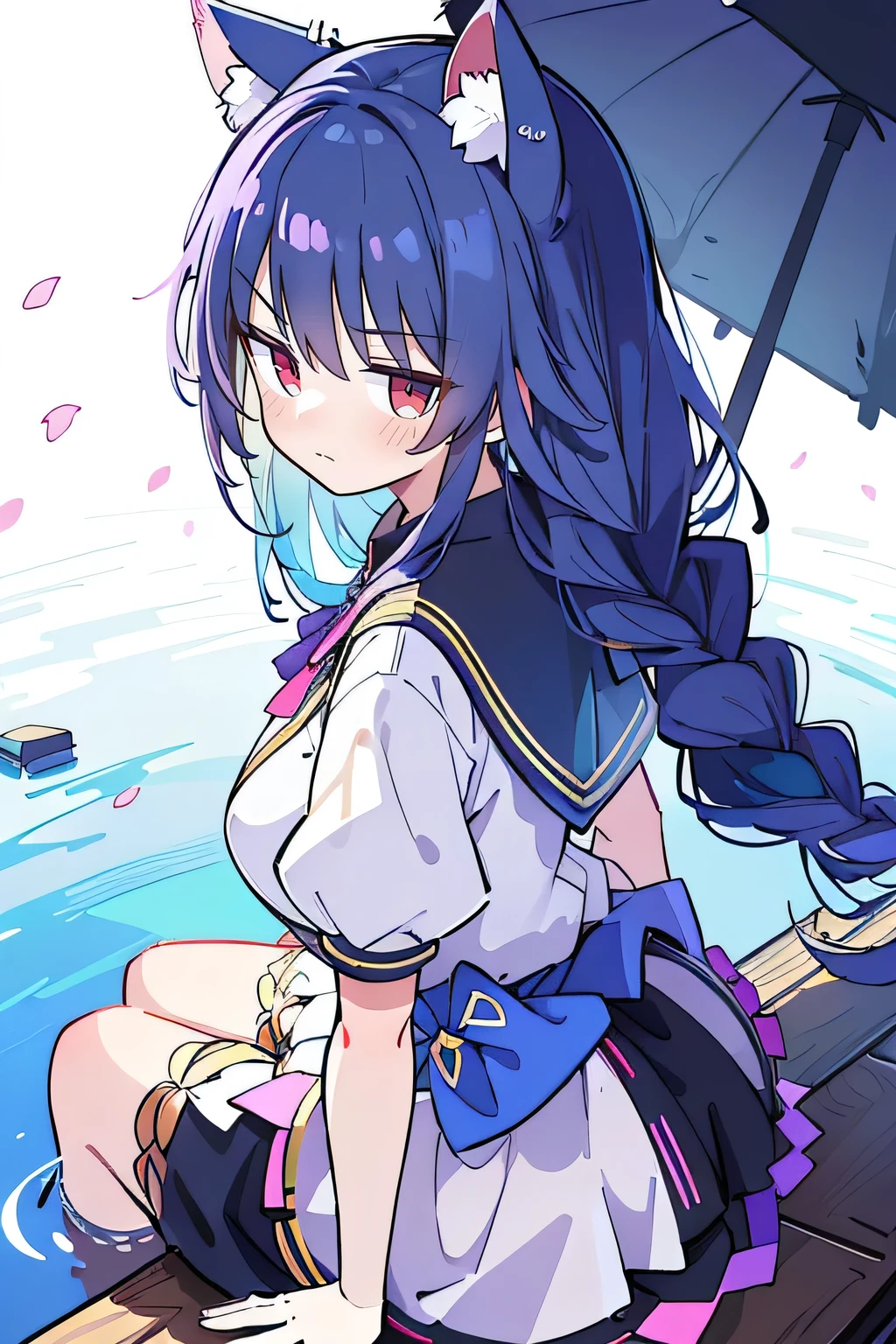 （masterpiece：1.2），Super detailed，lifelike，Expressive eyes，fair skin，perfect face shape，1 girl，
Japanese comics,Gorgeous blue hair,flowing blue hair,flowing clothes,Cat ears,Petals fall,beautiful lola, Angel,
Shaking head with one hand，Cross your legs，Gentle and peaceful background，The pavilion is cool and comfortable,smile, wearing hoodie, background of tokyo,back views,snowing, winter,lie on the water.(Best Quality: 1.3), (Masterpiece: 1.3), (Illustration: 1.3), (Ultra Detailed: 1.3), (Imide Lens: 0.9), 1girl, Medium Breasts, Purple Eyes, ((Dark Blue Hair) ), hair accessories, young, clothing-gladiia, long hair, dark blue hair, indoors, black shorts, high socks, low ponytail, expressionless, upper body, close-up, coat, skirt,fgo style,like \(destiny\), like Adult, hair length, underwear, masterpiece, Top quality, 1 Girl, looking at the audience,(((braid)))、shameful face、Embarrassed face、Long body、huge 、