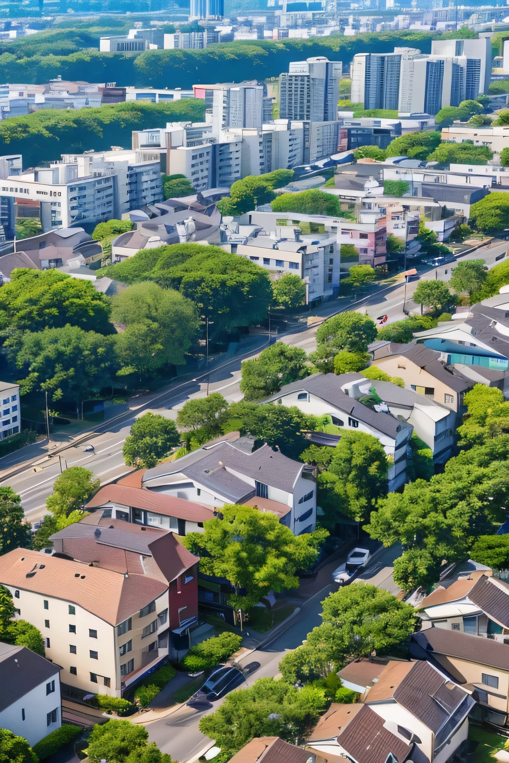 Lots of buildings and trees々Close-up of a city with, Residential area, City Street, 3D City, Small town, Japanese cities, City view, town, urban environment, street top view, Japanese Neighborhood, Street City, Residential, townscape, As detailed, Bird's Eye View, Bird's Eye View, Bird's Eye View