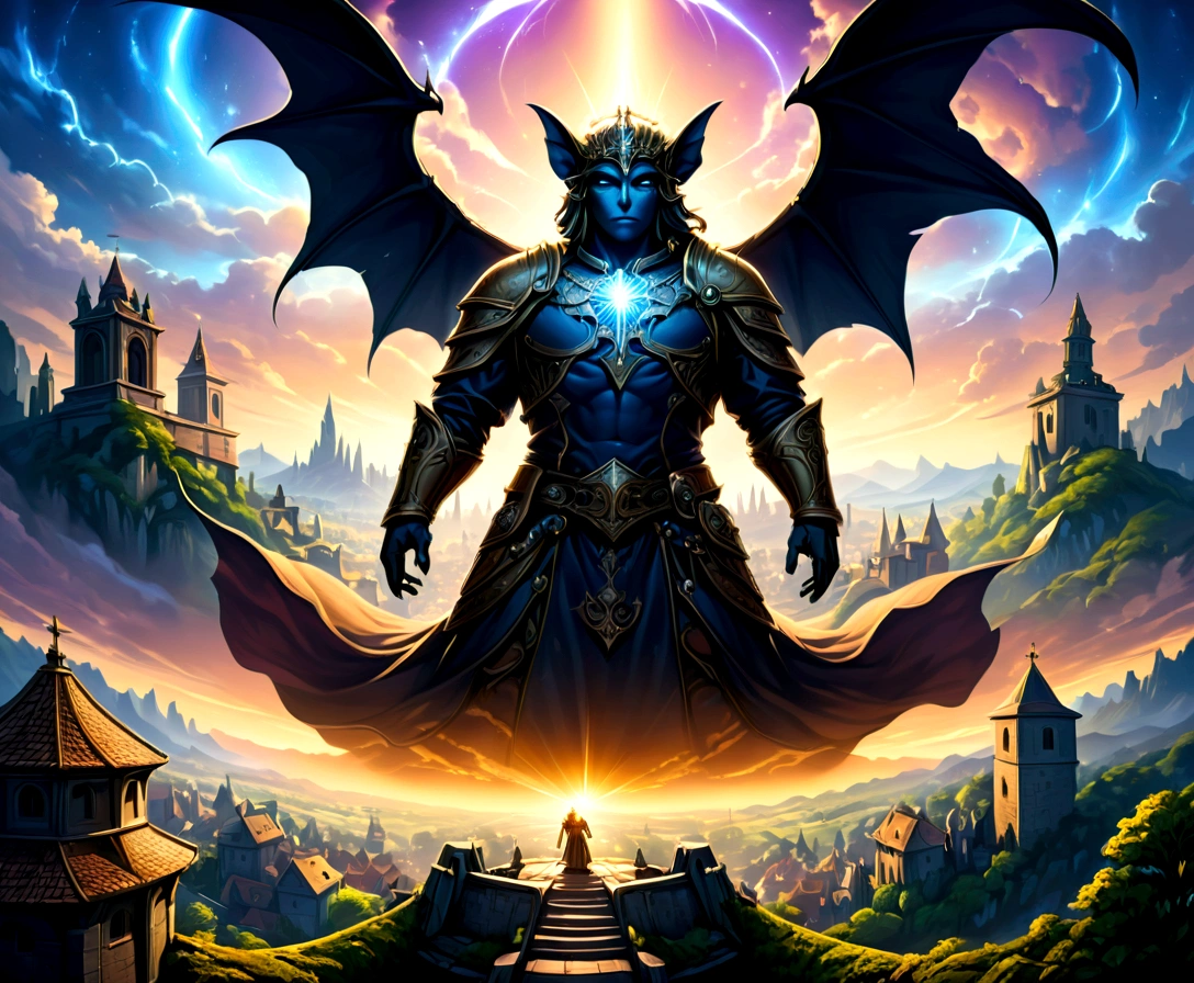 a view of fantasy medieval city, taken from the top of church of , at night, the shot taken while standing behind the statue of a gargoyle on the roof, 16K, ultra detailed, masterpiece, best quality, (extremely detailed), arafed, dnd art, god rays, cinematic lighting, glowing light, silhouette, from outside, photorealism, panoramic view (Masterpiece, intense details: 1.5) , Wide-Angle, Ultra-Wide Angle, dark novel