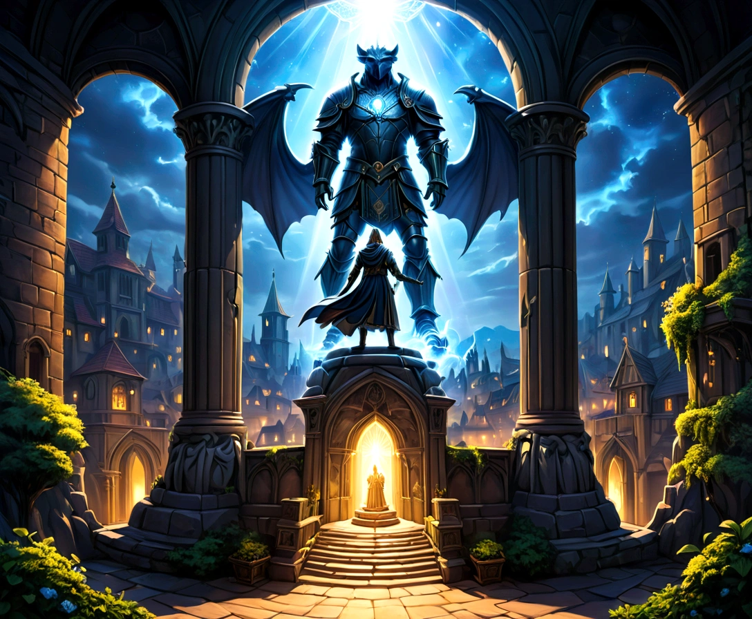 a view of fantasy medieval city, taken from the top of church of , at night, the shot taken while standing behind the statue of a gargoyle on the roof, 16K, ultra detailed, masterpiece, best quality, (extremely detailed), arafed, dnd art, god rays, cinematic lighting, glowing light, silhouette, from outside, photorealism, panoramic view (Masterpiece, intense details: 1.5) , Wide-Angle, Ultra-Wide Angle, dark novel