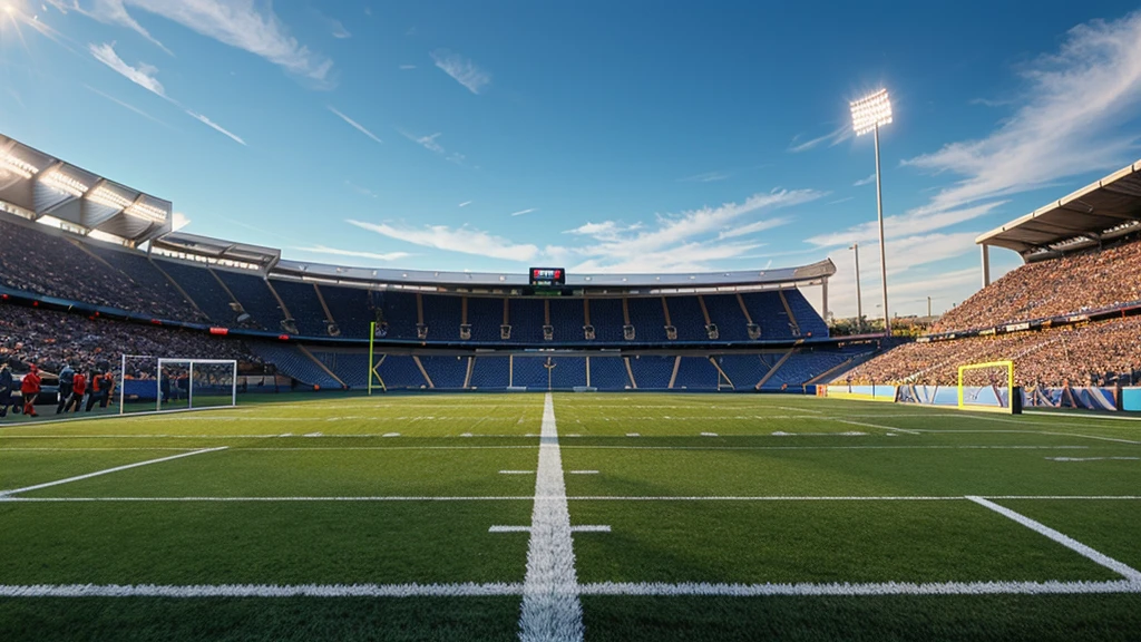 Close-up of a football field with a goal line, a football goal and the stands in the background, nice weather, blauer Himmel, Very high resolution